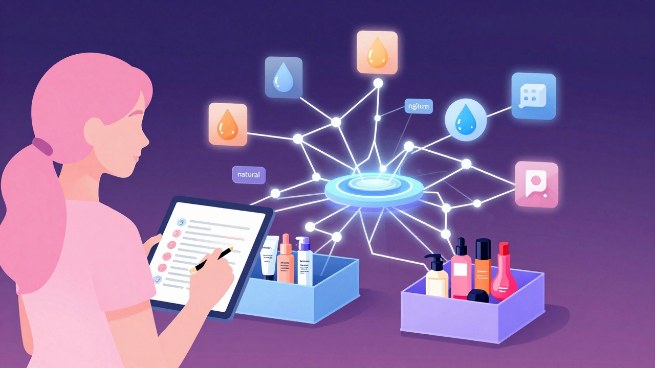 Digital art showing how a beauty profile quiz feeds an algorithm to curate personalized product boxes
