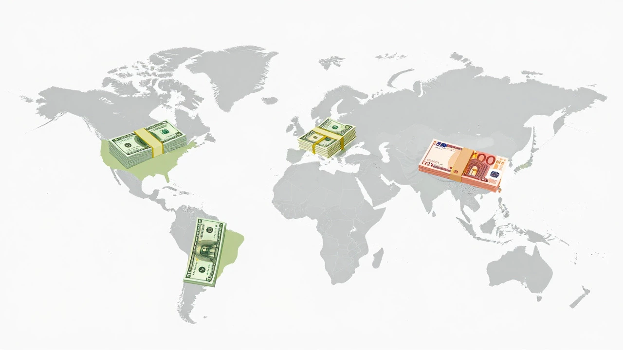 Flat lay of various currencies representing different global tipping customs.