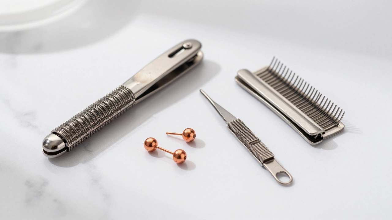 Micro-ring beads, crimping tool, and clip-ins on marble surface