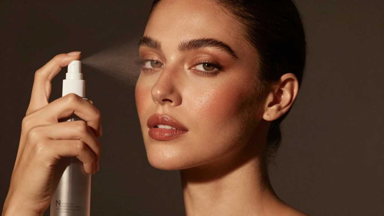 Model with finished makeup holding a setting spray bottle