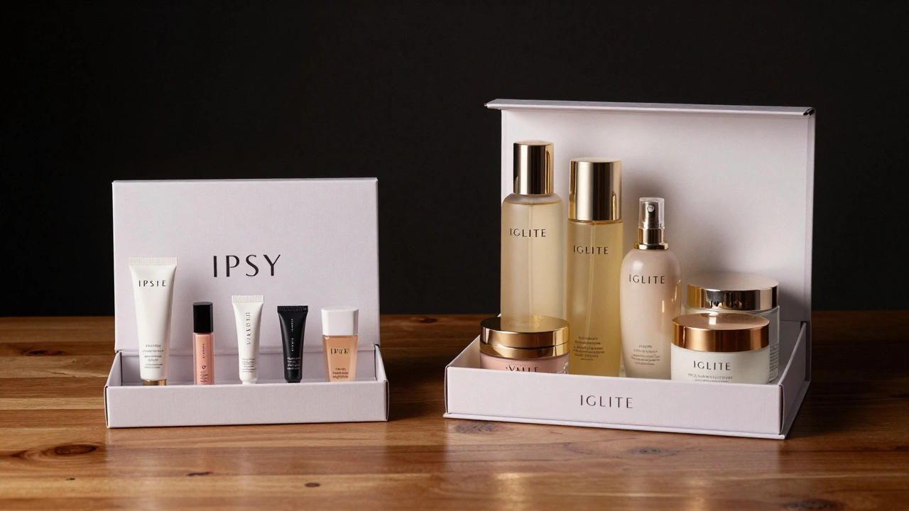 Side-by-side comparison of small IPSY samples and larger premium IGLITE deluxe beauty products