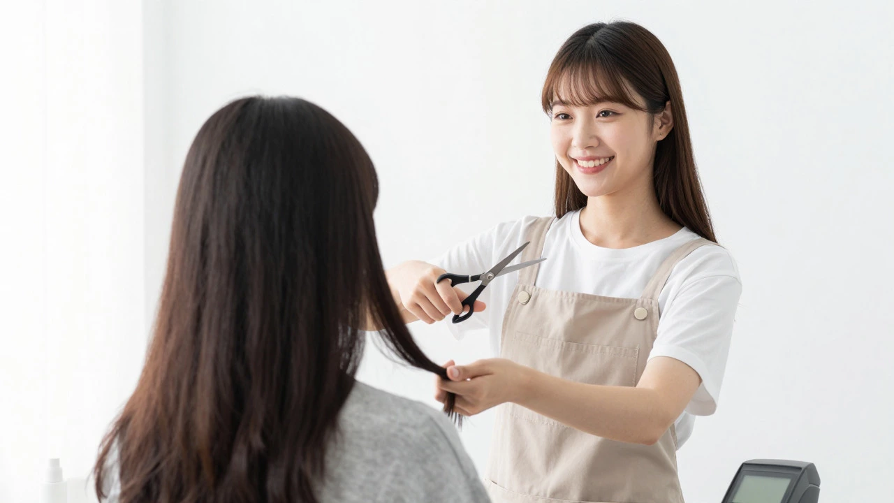Smiling hairstylist with scissors after finishing a haircut, ready for payment.
