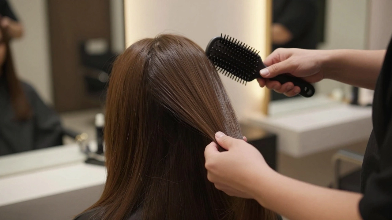 Stylist using loop brush on extensions with proper tension hold