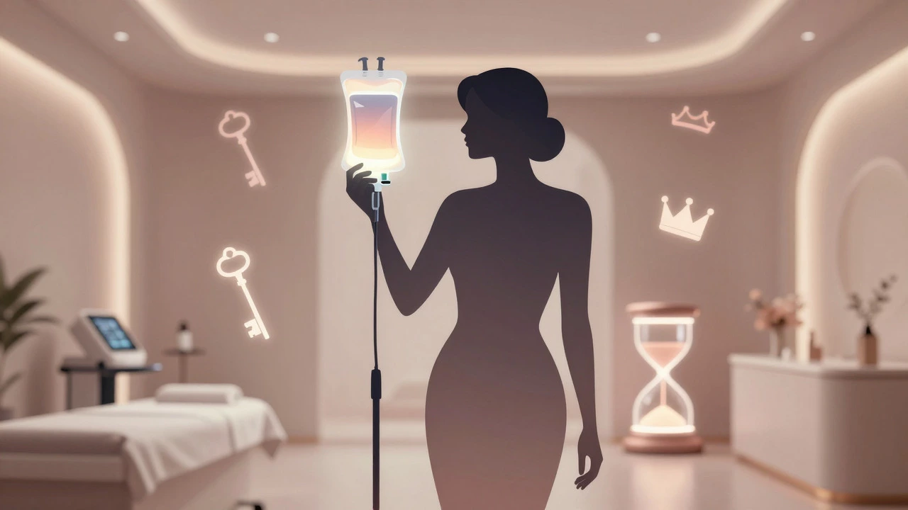 Woman receiving a glowing IV vitamin drip in a minimalist wellness center