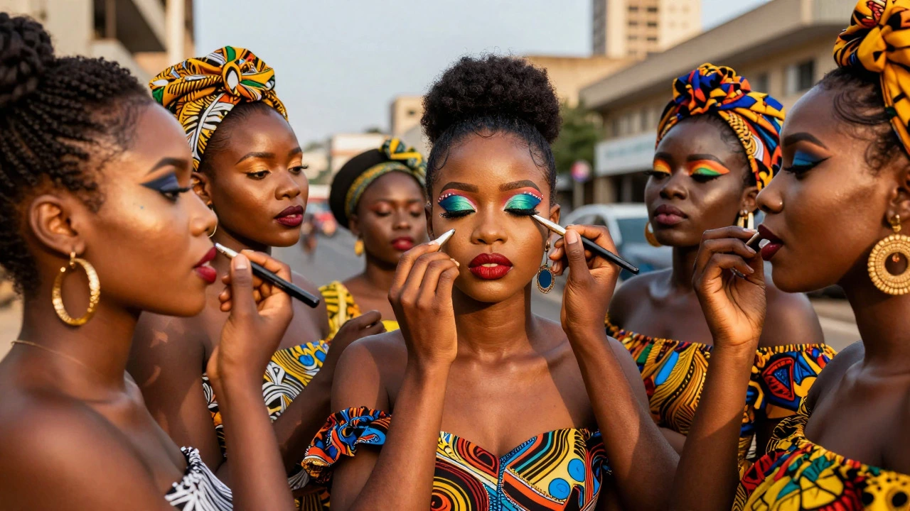 Women applying bold, colorful makeup in vibrant urban African setting