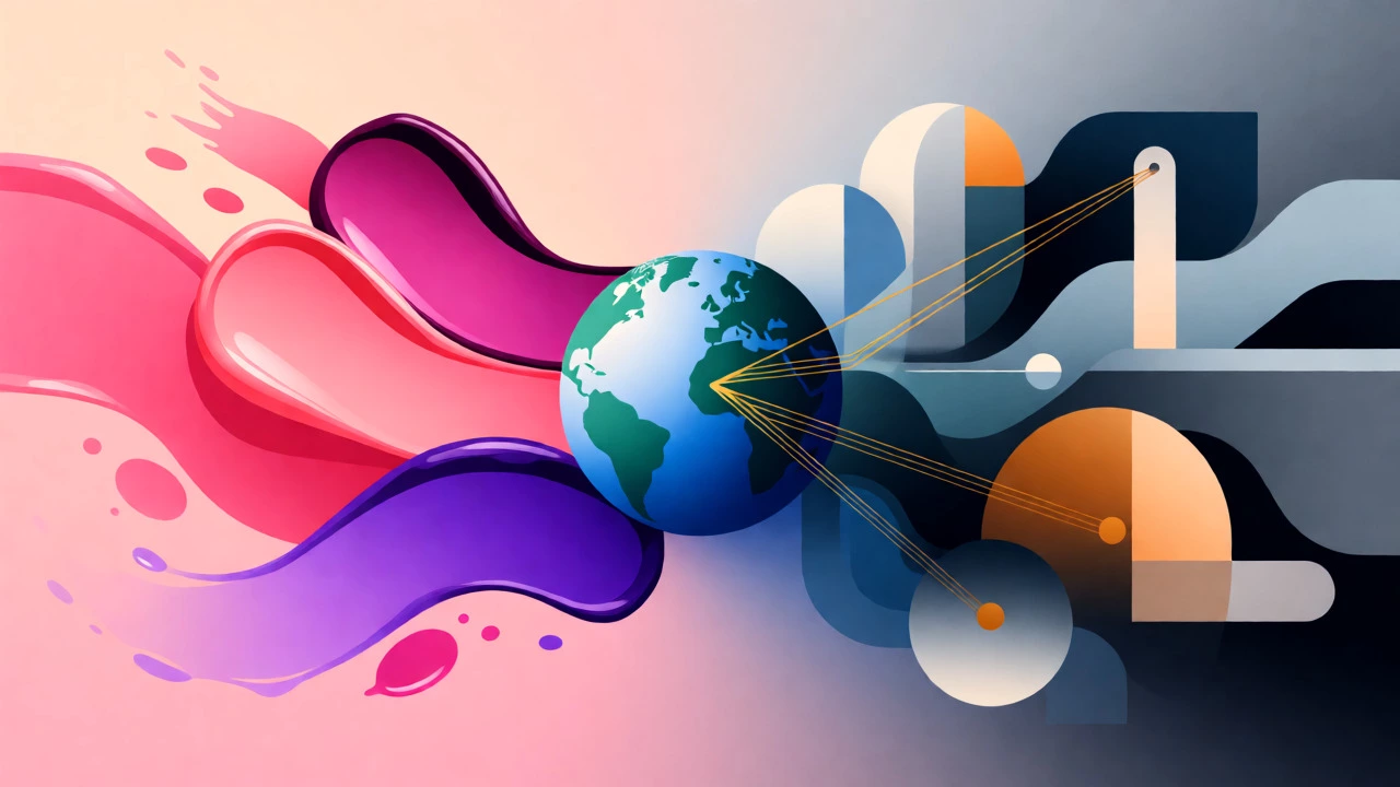 Abstract illustration linking colorful makeup swatches to corporate supply chain structures