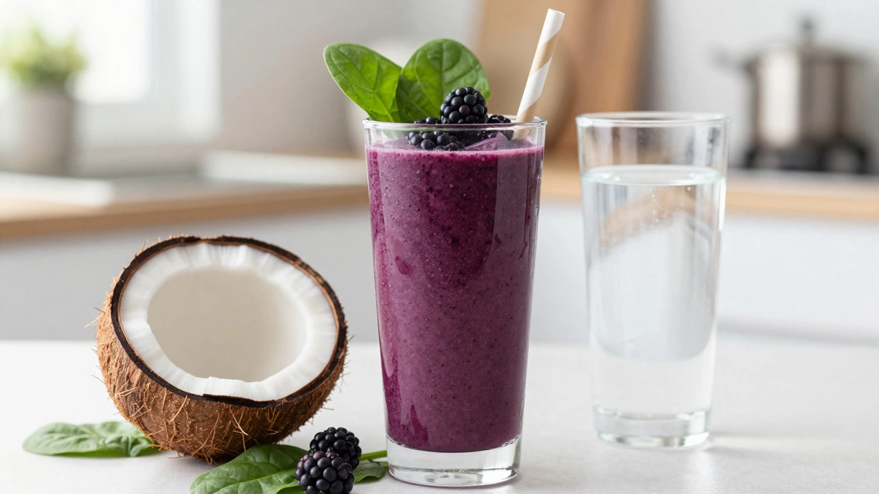 Berry smoothie and coconut water glass in a bright kitchen