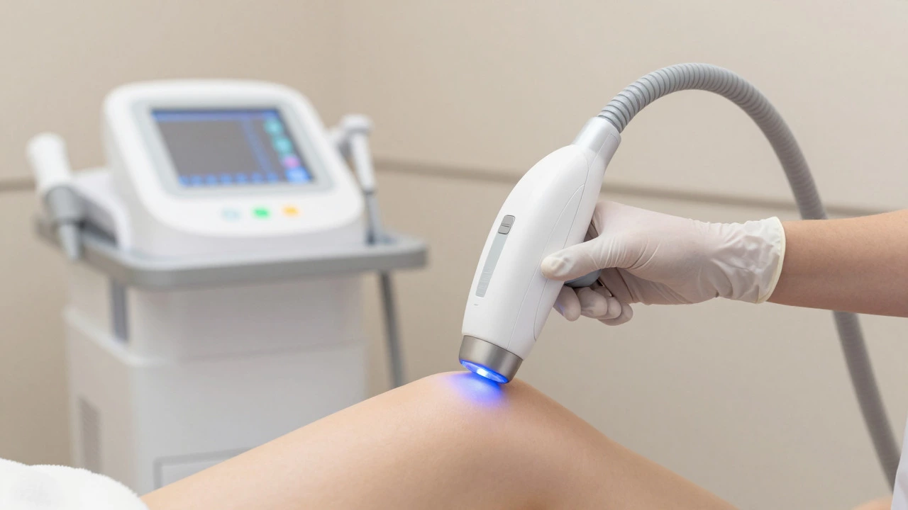 Close-up of a laser hair removal device being used in a clinic.