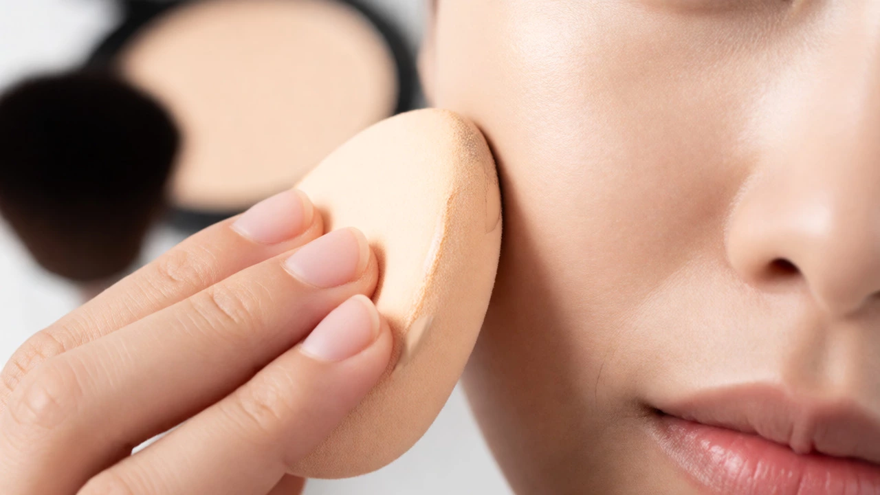 Close-up of blending foundation into skin using a damp beauty sponge
