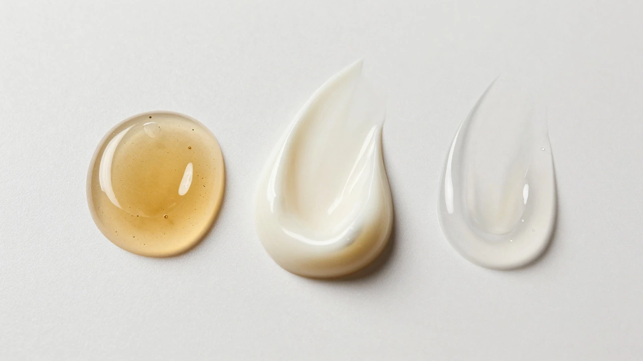 Close-up of glycerin, cream, and gel textures showing common skincare bases.
