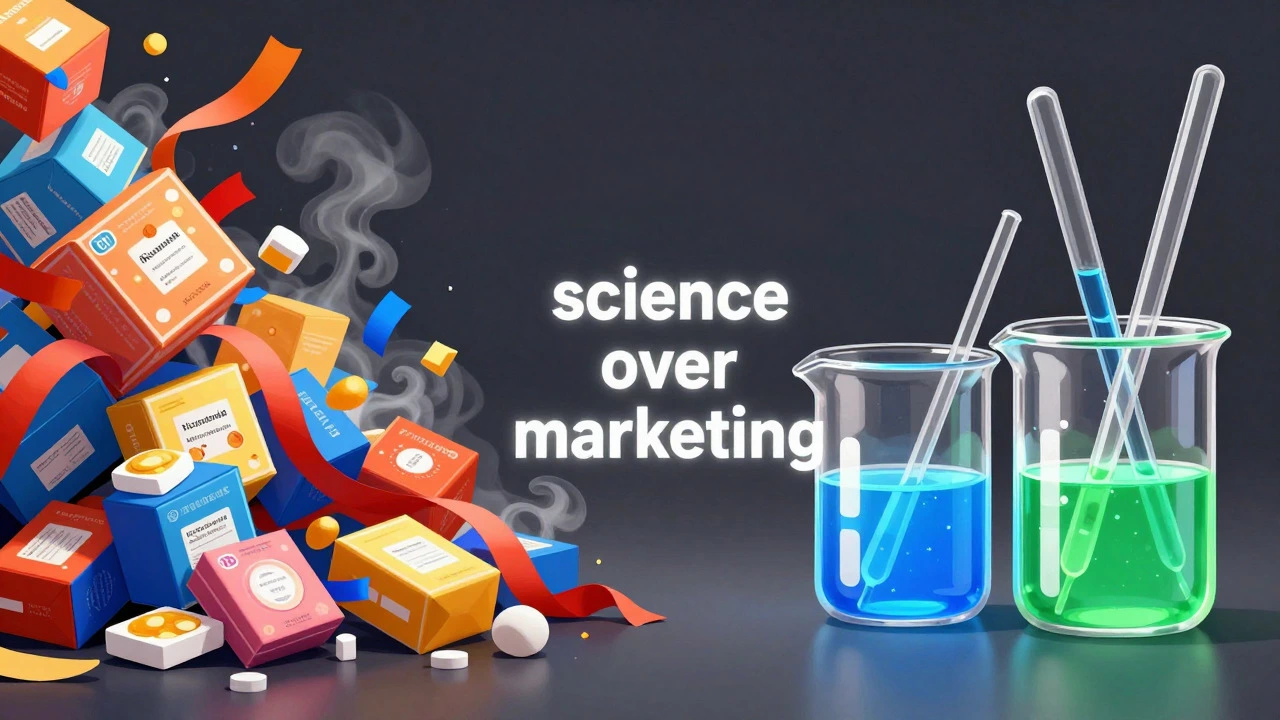 Conceptual art showing lab beakers with glowing liquids versus messy packaging