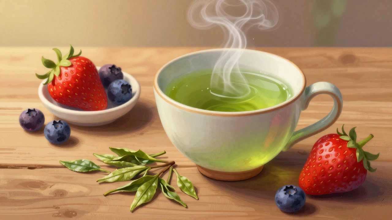 Cup of green tea with fresh berries and loose leaves on wood
