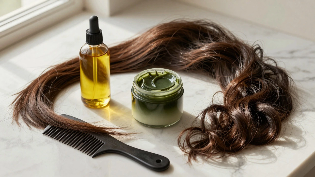 Hair care products and diverse hair textures on a marble table