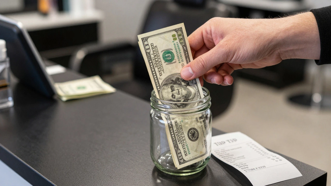 Hand placing cash bills into a glass tip jar on a salon desk