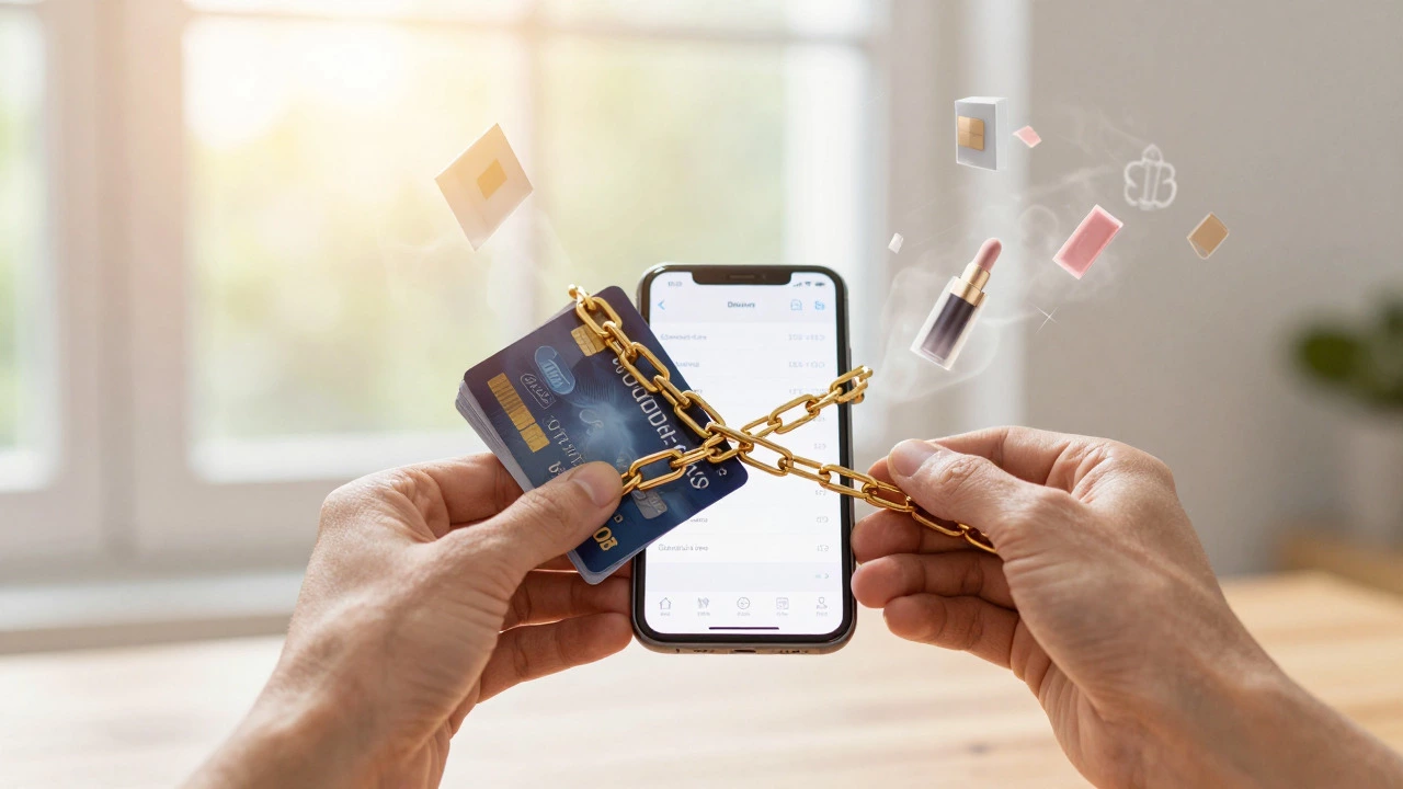 Hands breaking a chain wrapped around credit cards symbolizing freedom