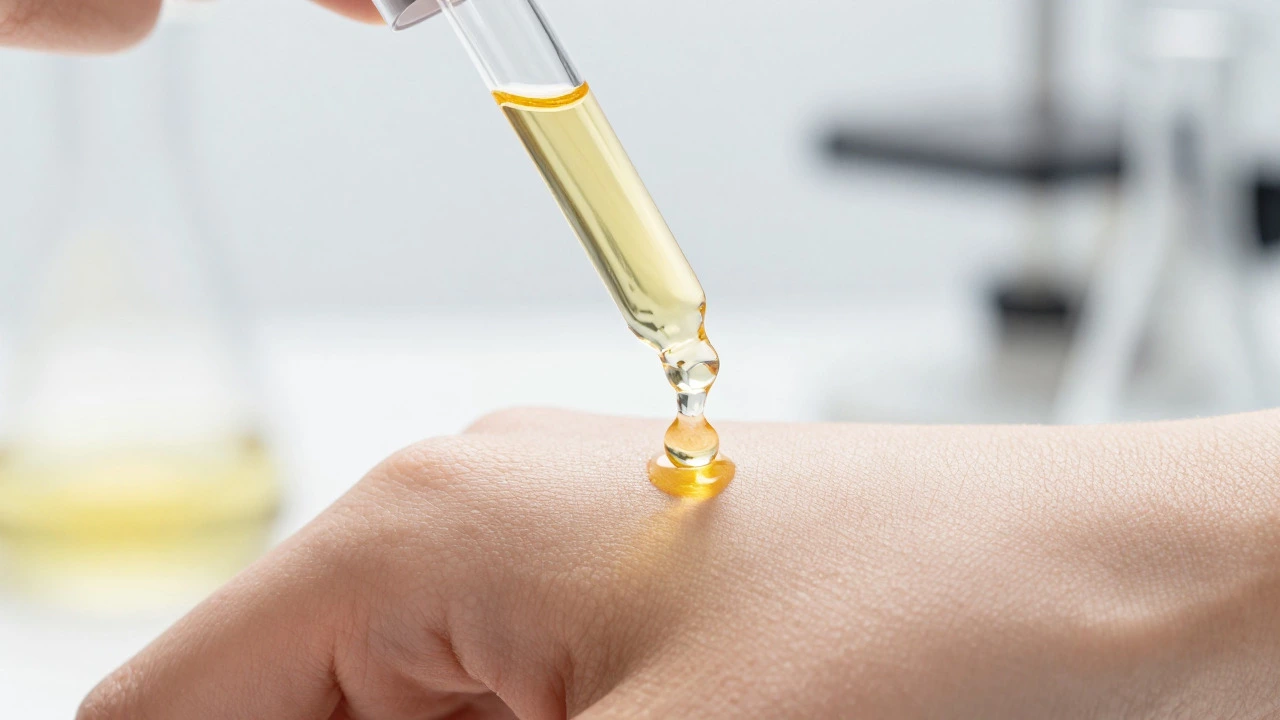 Macro shot of vitamin C serum dropping onto skin in a clinical lab setting.