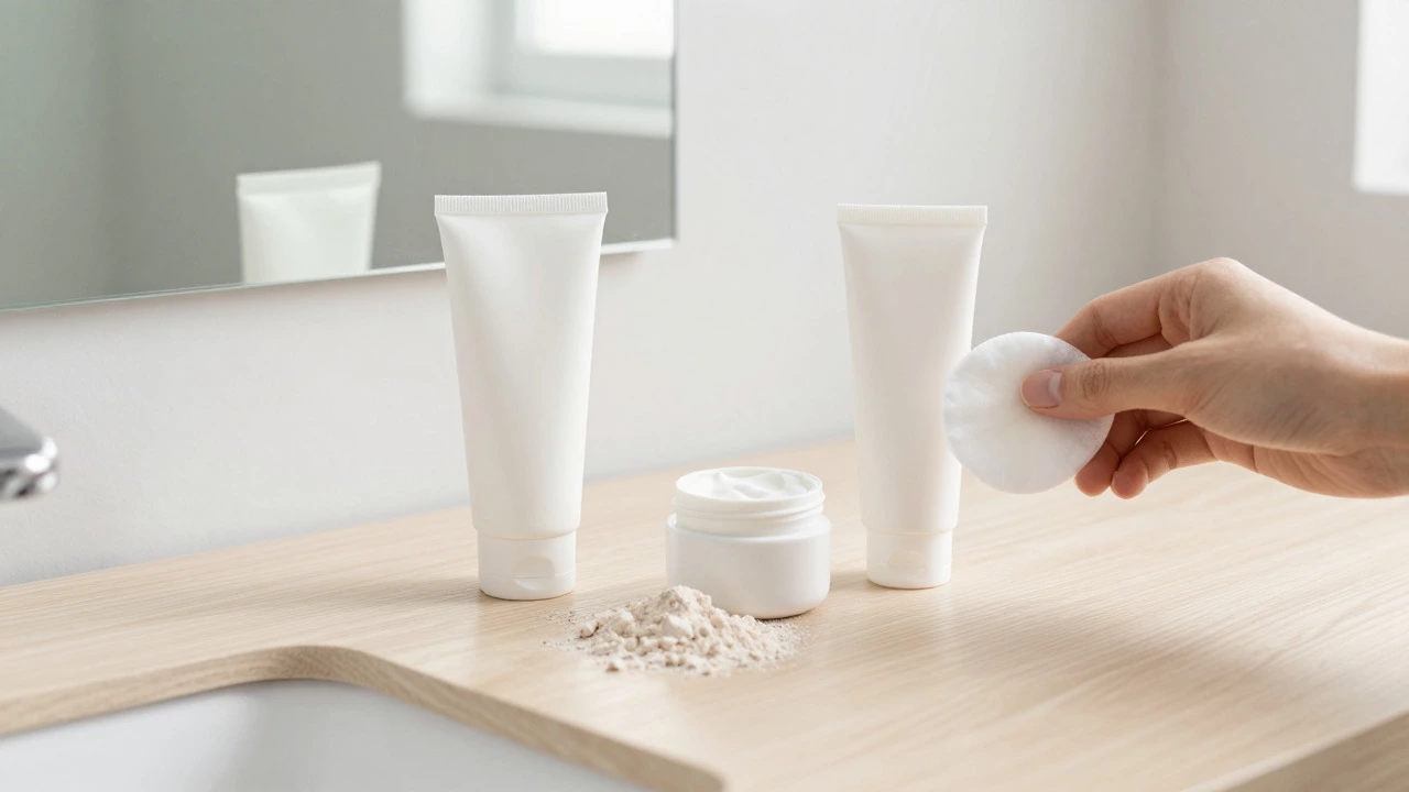 Minimalist arrangement of cleanser, moisturizer, and sunscreen on a wooden vanity.