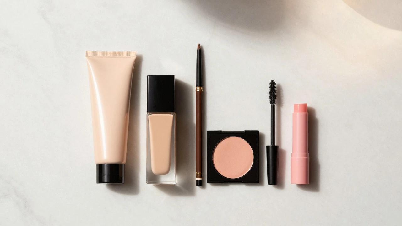 Minimalist makeup starter kit on a marble table