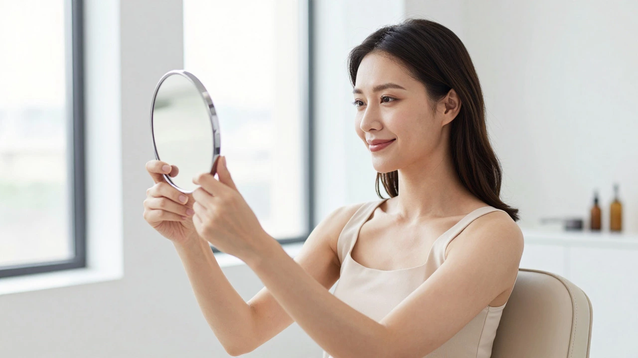 Smiling woman checking her reflection in a mirror after a beauty treatment
