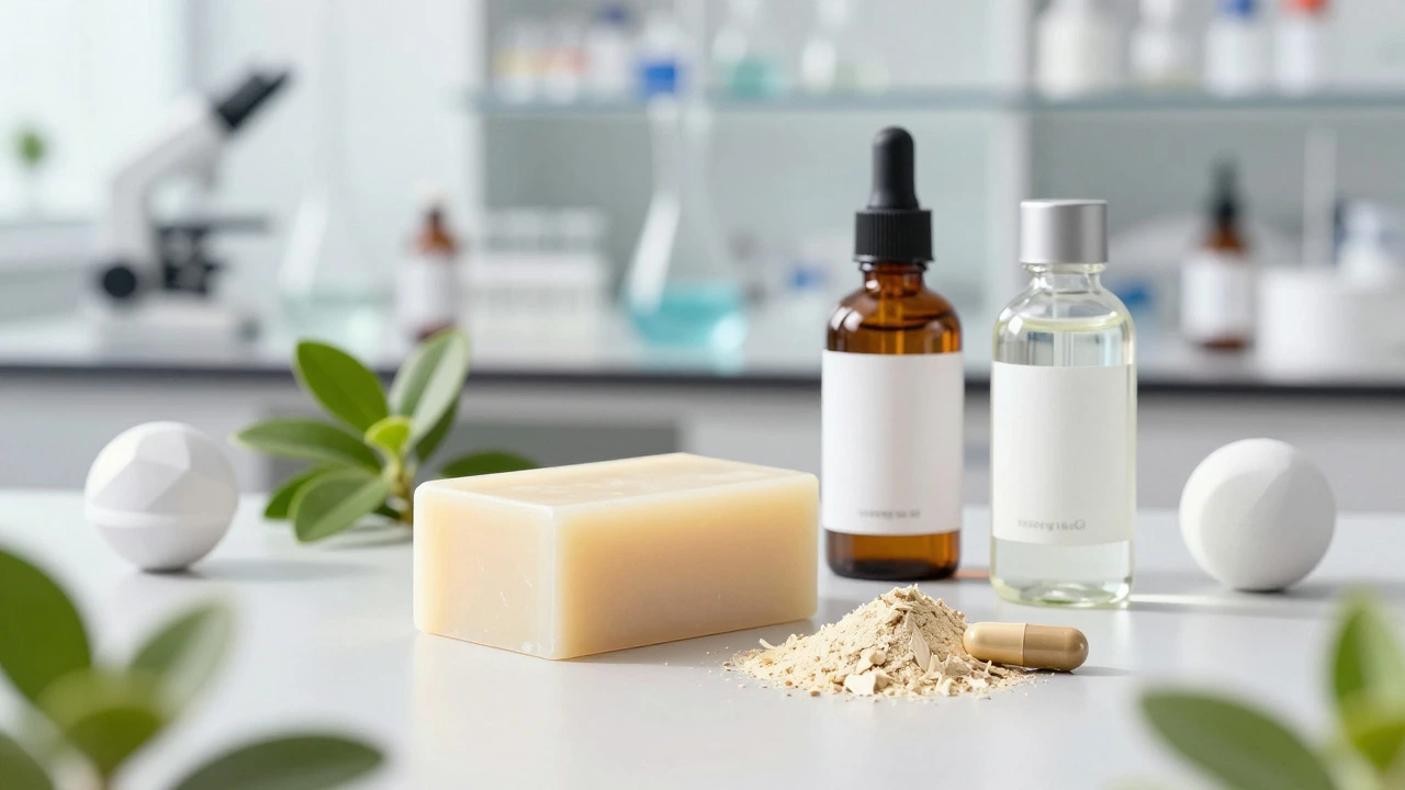 Solid balm and powder next to liquid bottles, illustrating waterless beauty trends.