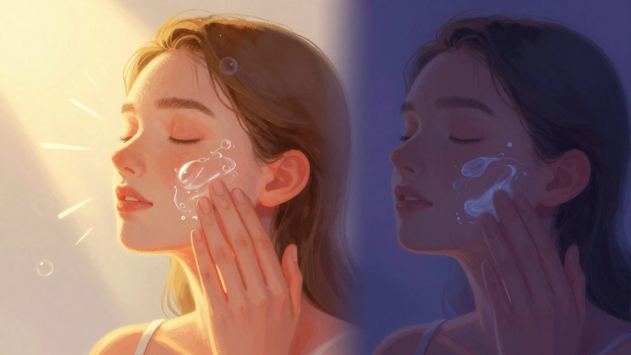Split image showing morning sun protection and evening skin repair concepts