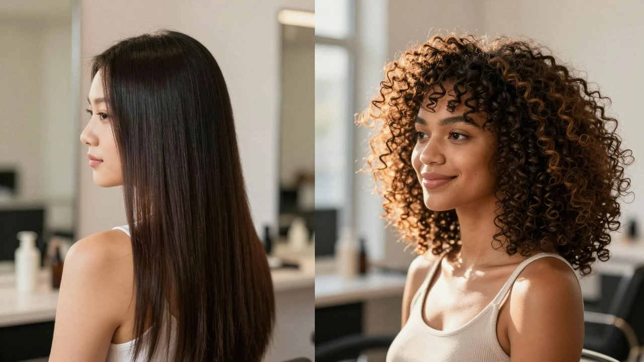 Split view of sleek straight hair and voluminous natural curls