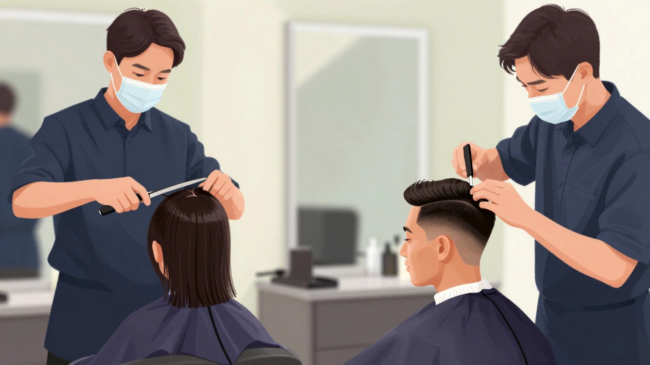Split view of stylist cutting child's hair and adult fade haircut