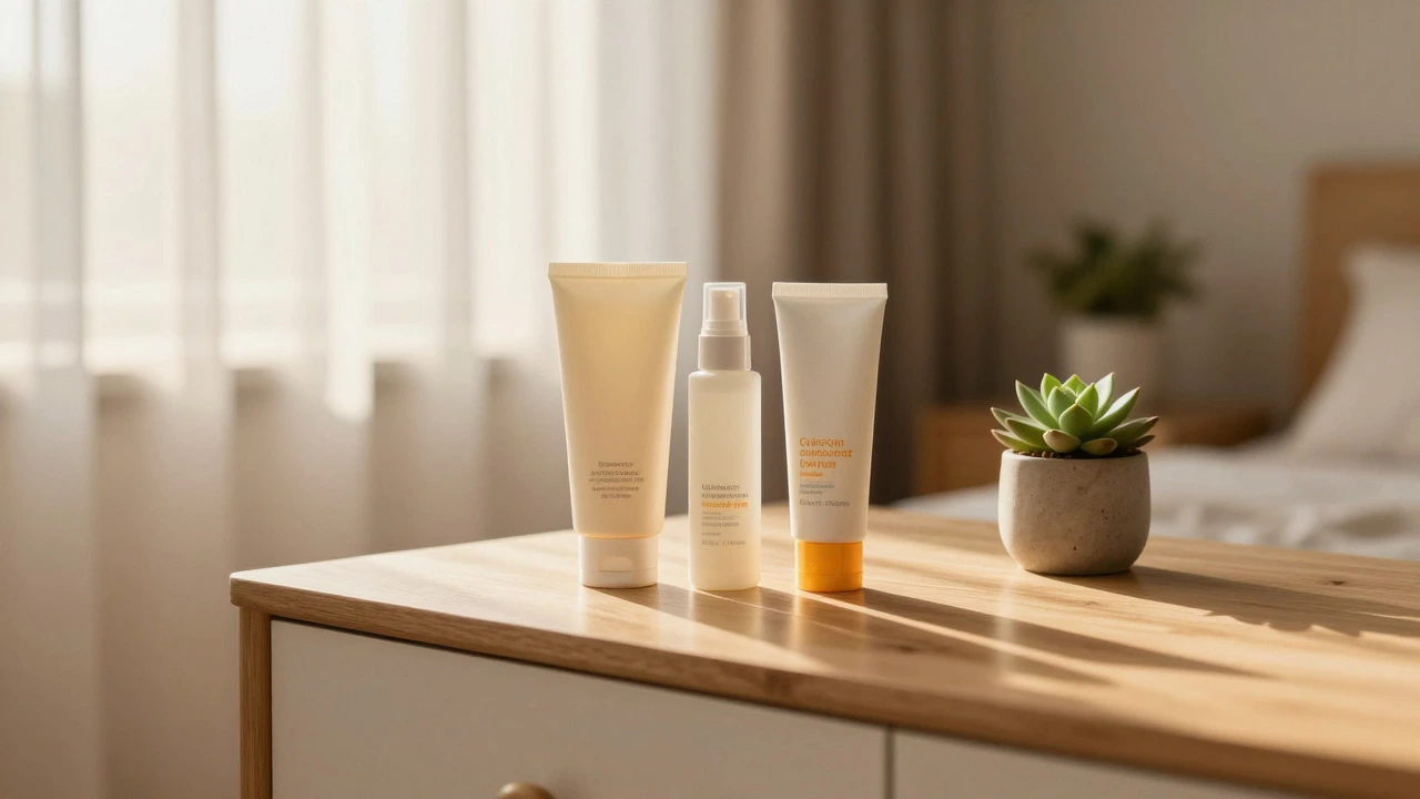 Sunlit vanity table with cleanser, moisturizer, and sunscreen arranged neatly