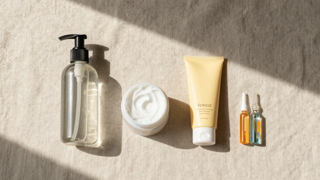 Top-down view of minimalist skincare bottles and jars on linen cloth