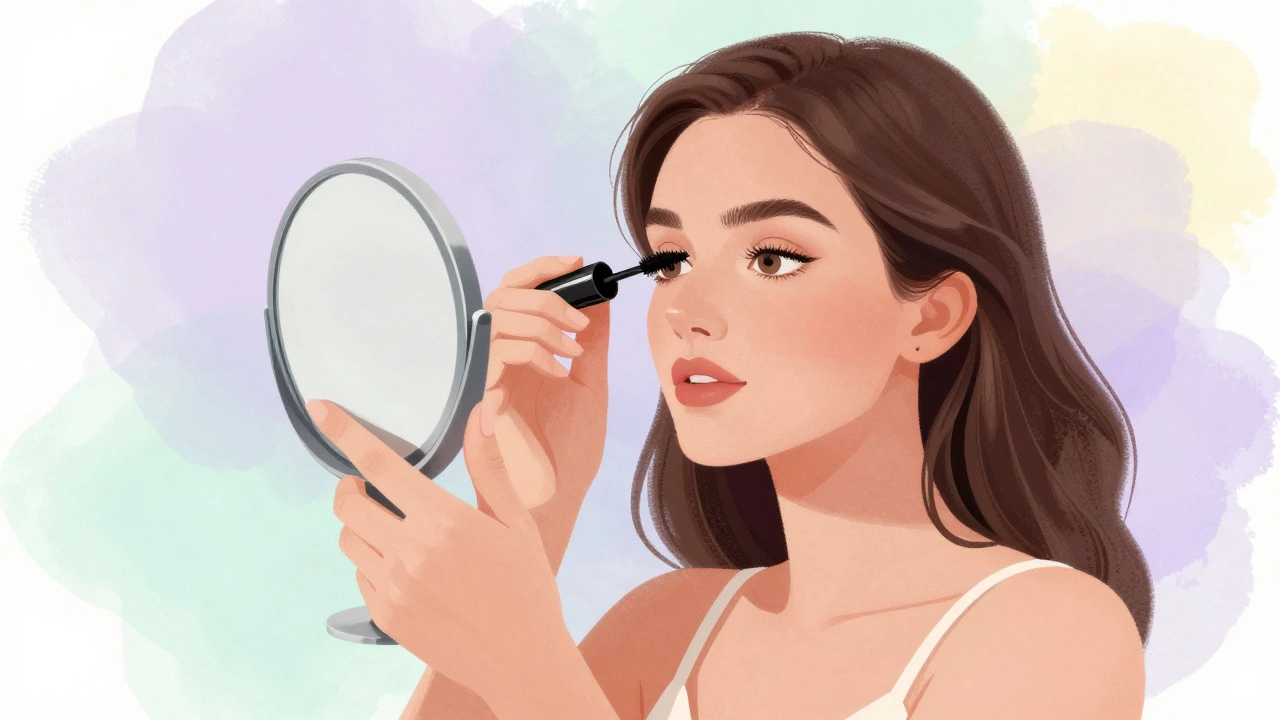 Woman applying mascara while looking in a mirror