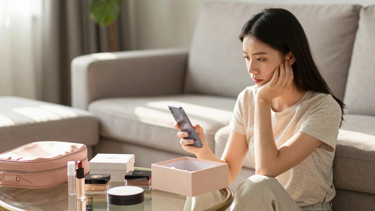 Woman contemplating beauty box subscriptions while checking phone