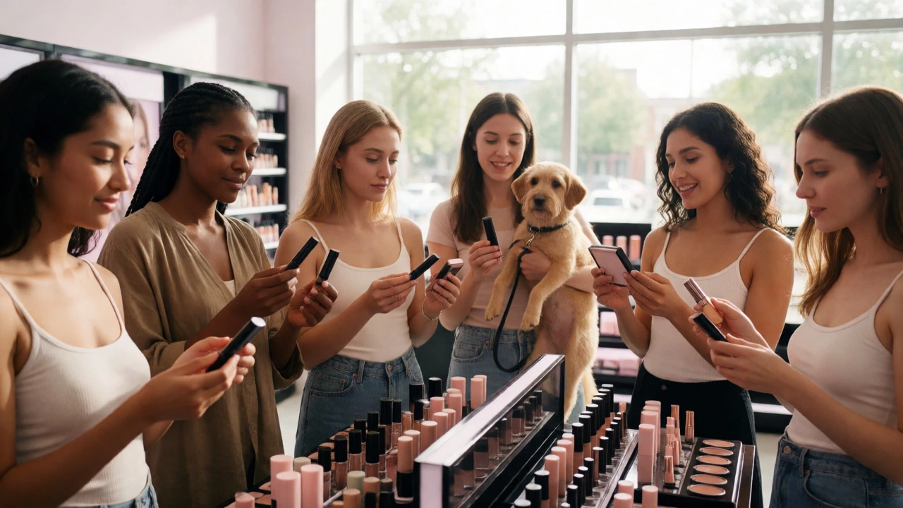 Women shopping for ethical makeup in a bright store with a rescue dog present