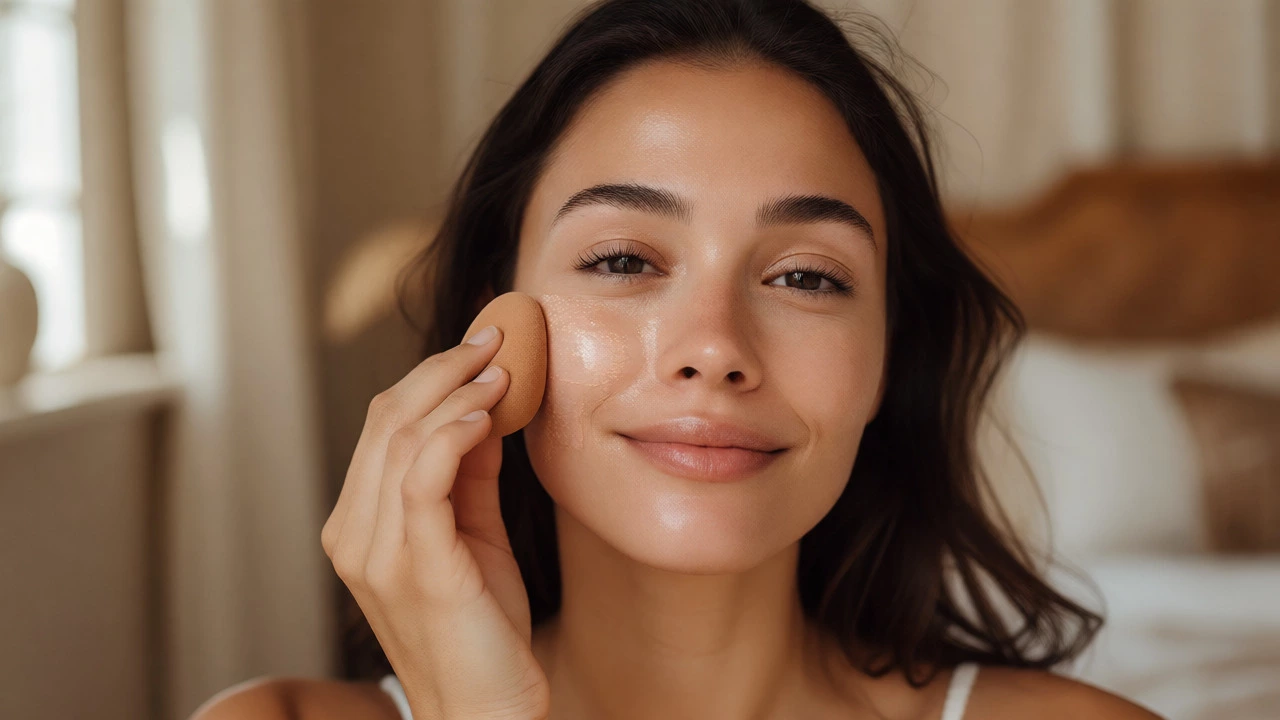 Blending tinted moisturizer with a damp beauty sponge