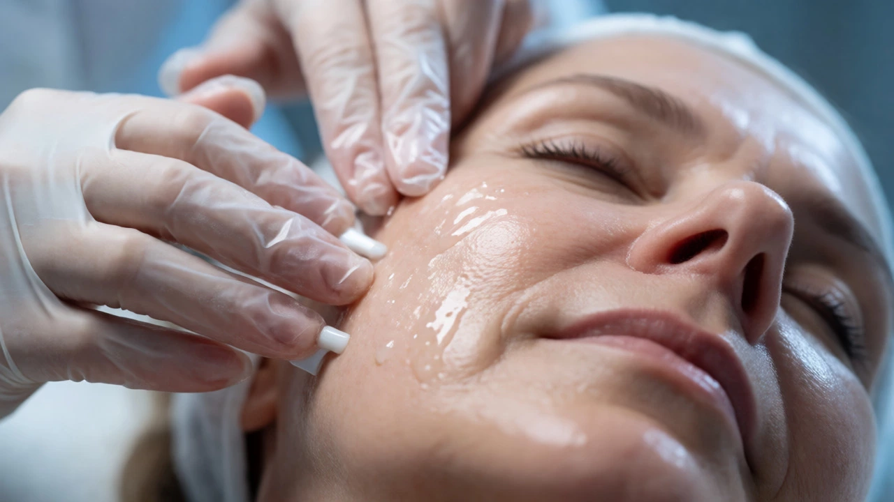 Close-up of a gentle microcurrent facial treatment on mature skin during application.