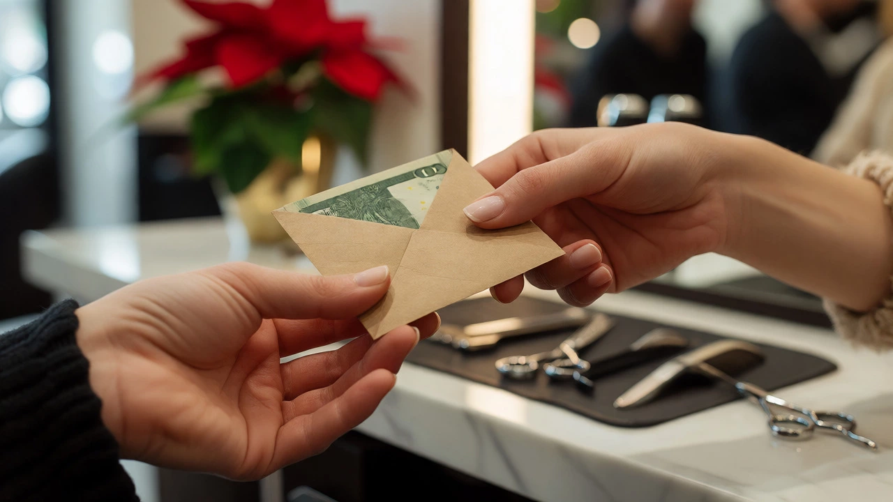 Close-up of hands exchanging a cash gift in an envelope at a salon.