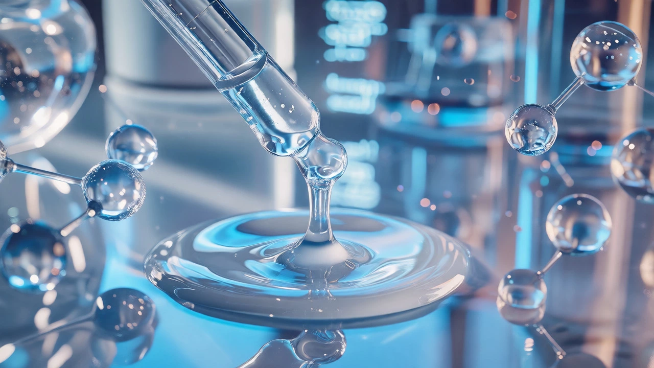 Close up of hyaluronic acid serum drop with scientific molecular graphics