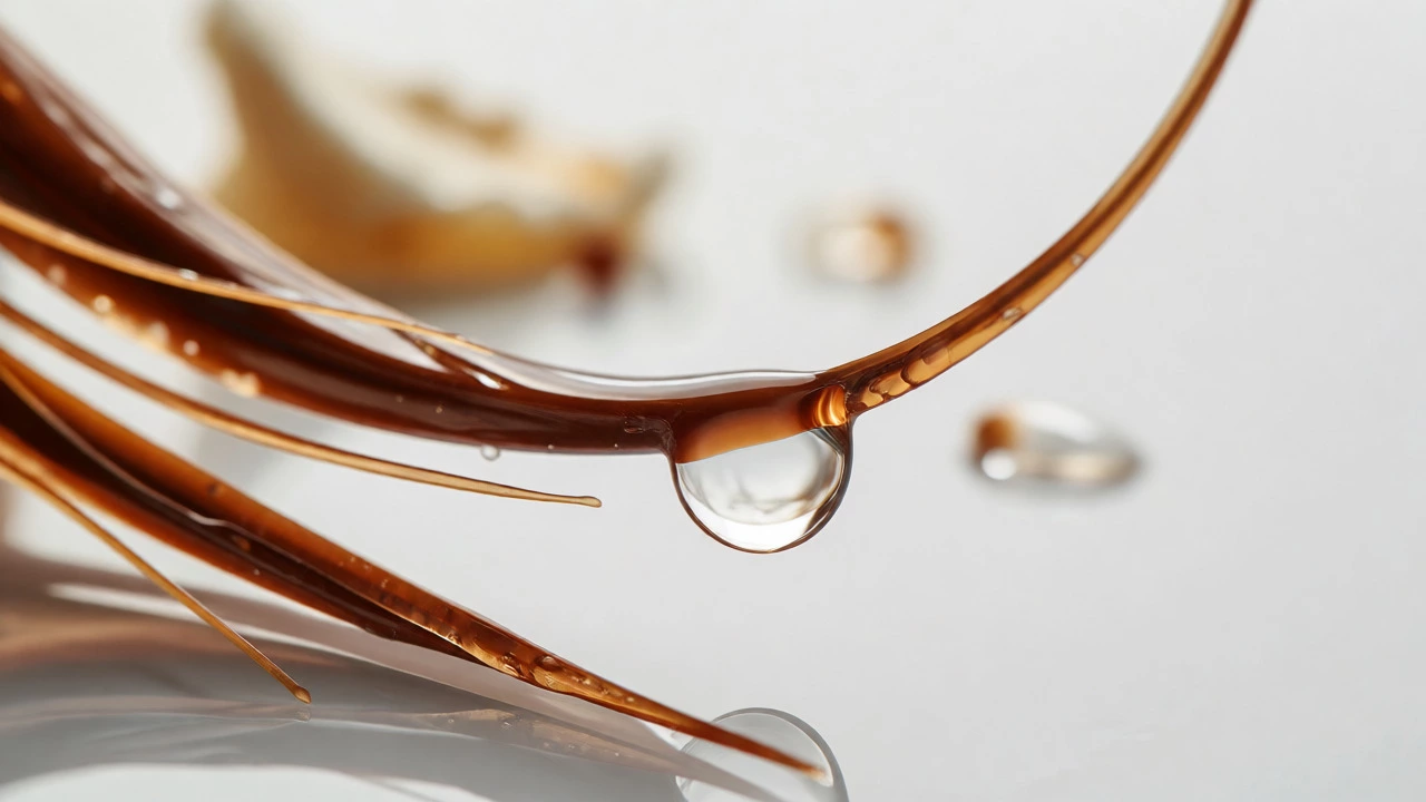 Close-up of hydrated hair strands with water droplet and natural ingredients.