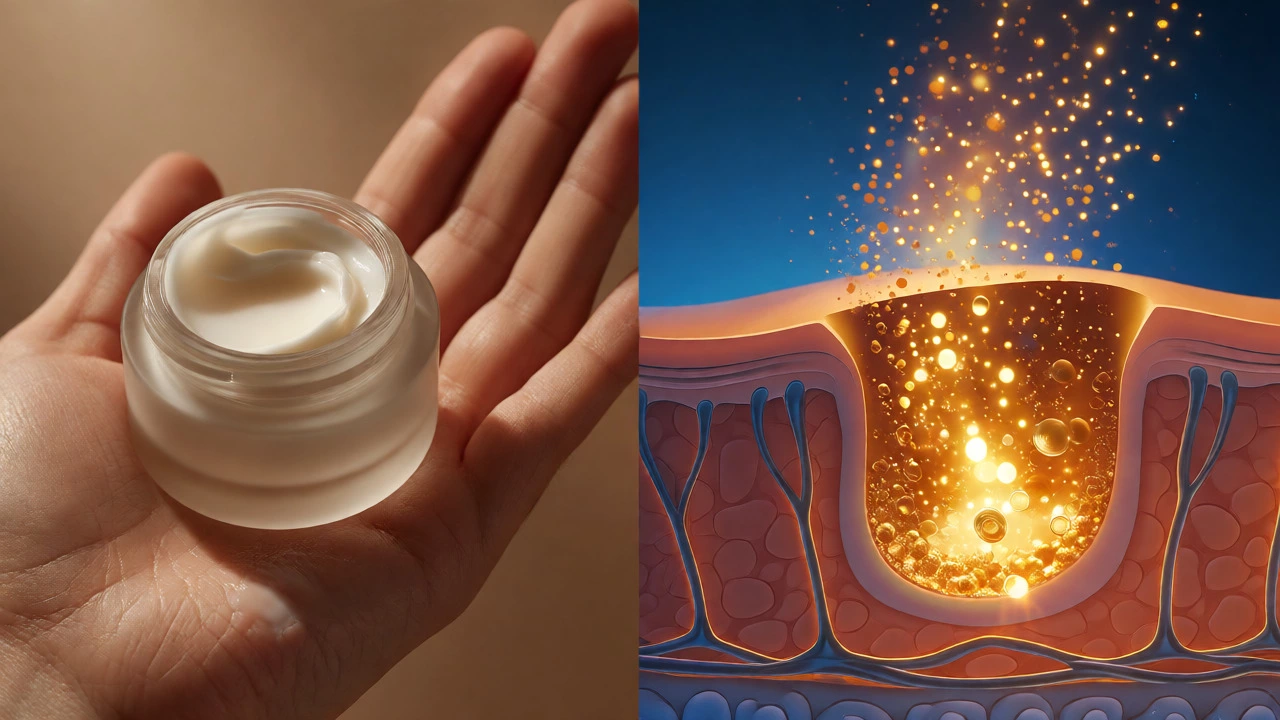 Conceptual split view comparing surface cream vs deep retinoid penetration