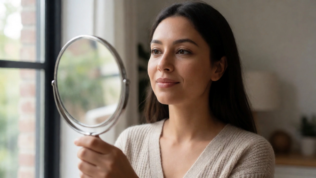 Confident woman checking her natural makeup look in a handheld mirror