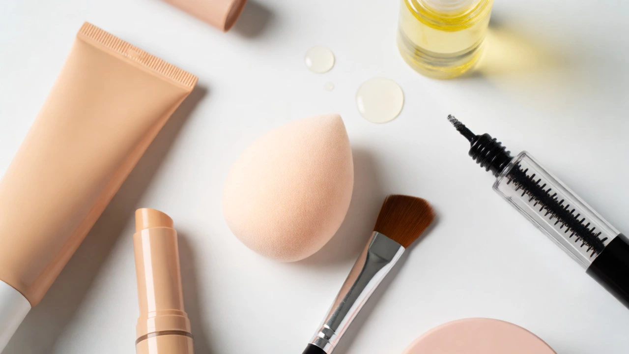 Flat lay of minimal makeup tools including sponge, brush, and creams