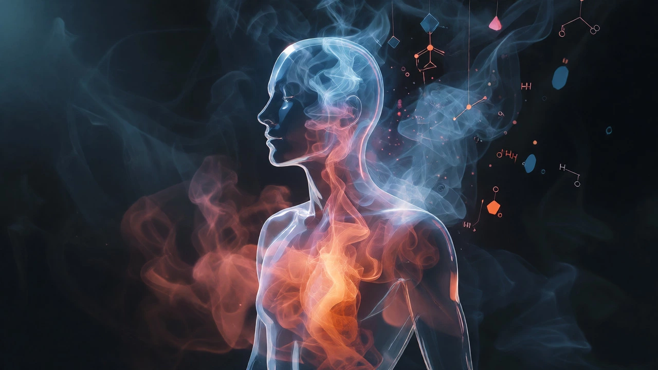 Glass silhouette absorbing colorful chemical vapors internally