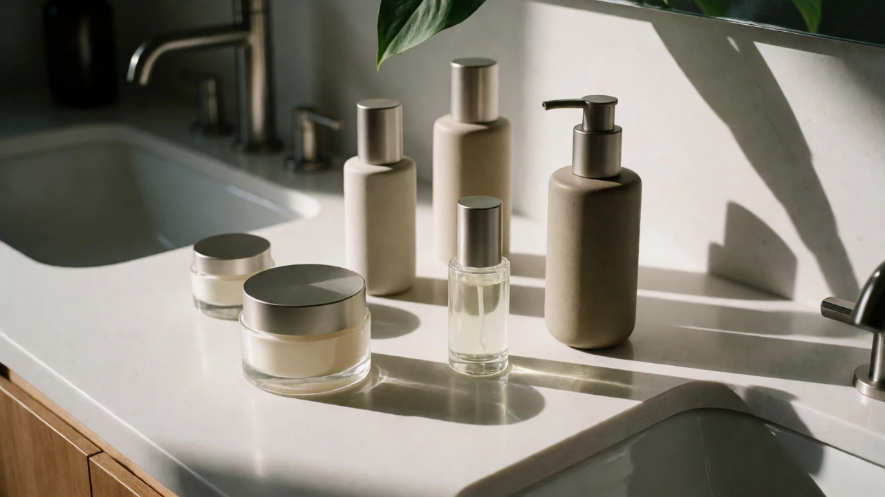 Luxury skincare bottles on sunlit marble counter