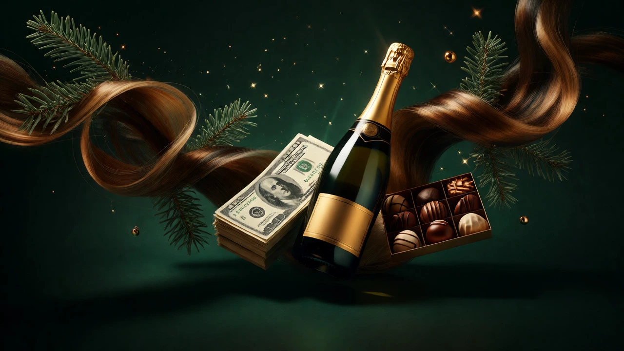 Luxury still life featuring cash, champagne, and chocolates amidst holiday decor.