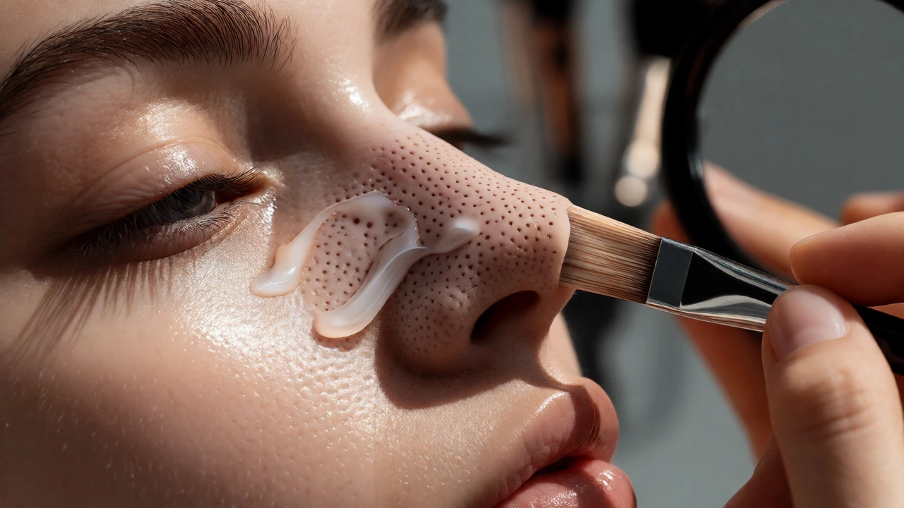 Macro shot of silicone primer filling pores on the nose area