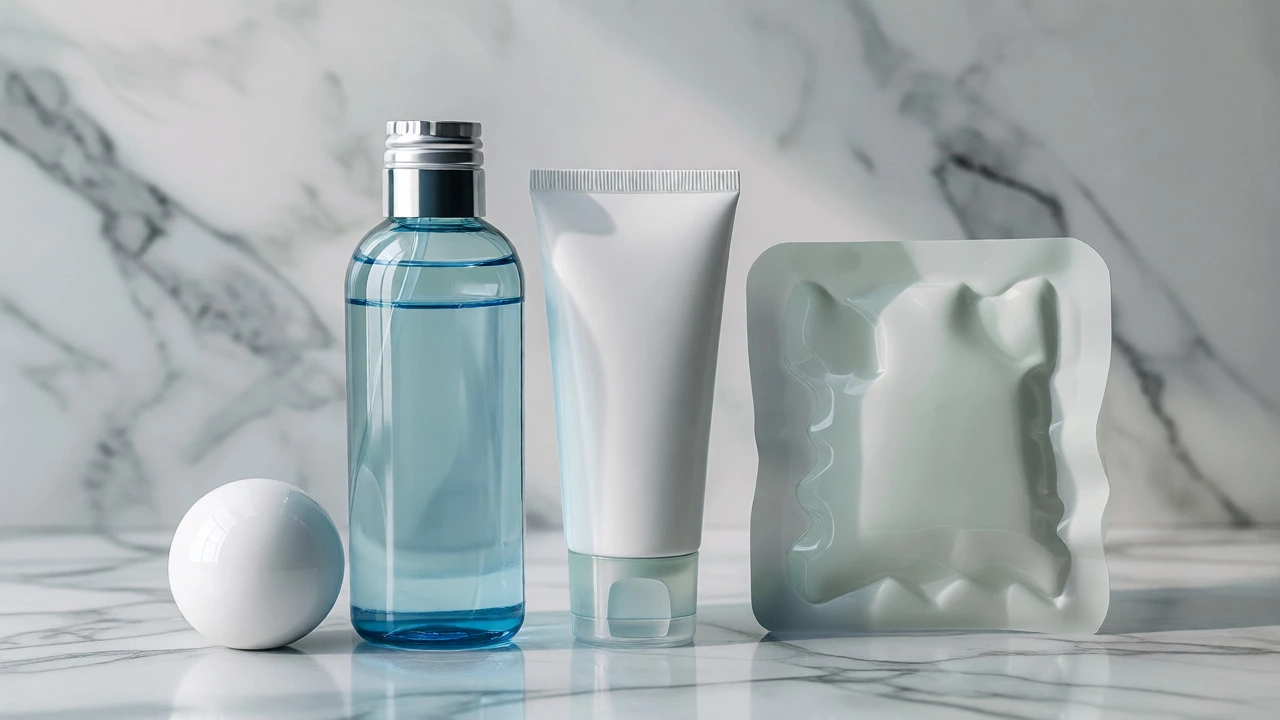 Minimalist still life of facial cleanser, moisturizer, and sheet mask