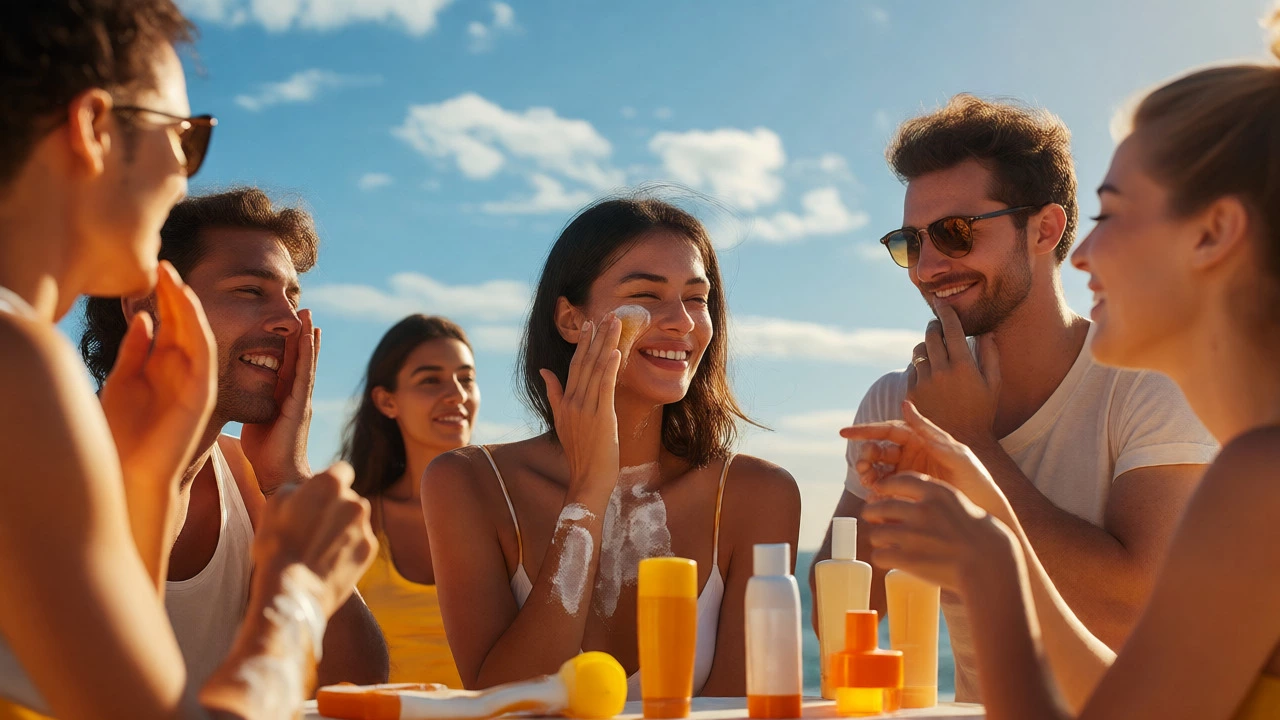 People applying sunscreen outdoors on a sunny day for skin protection