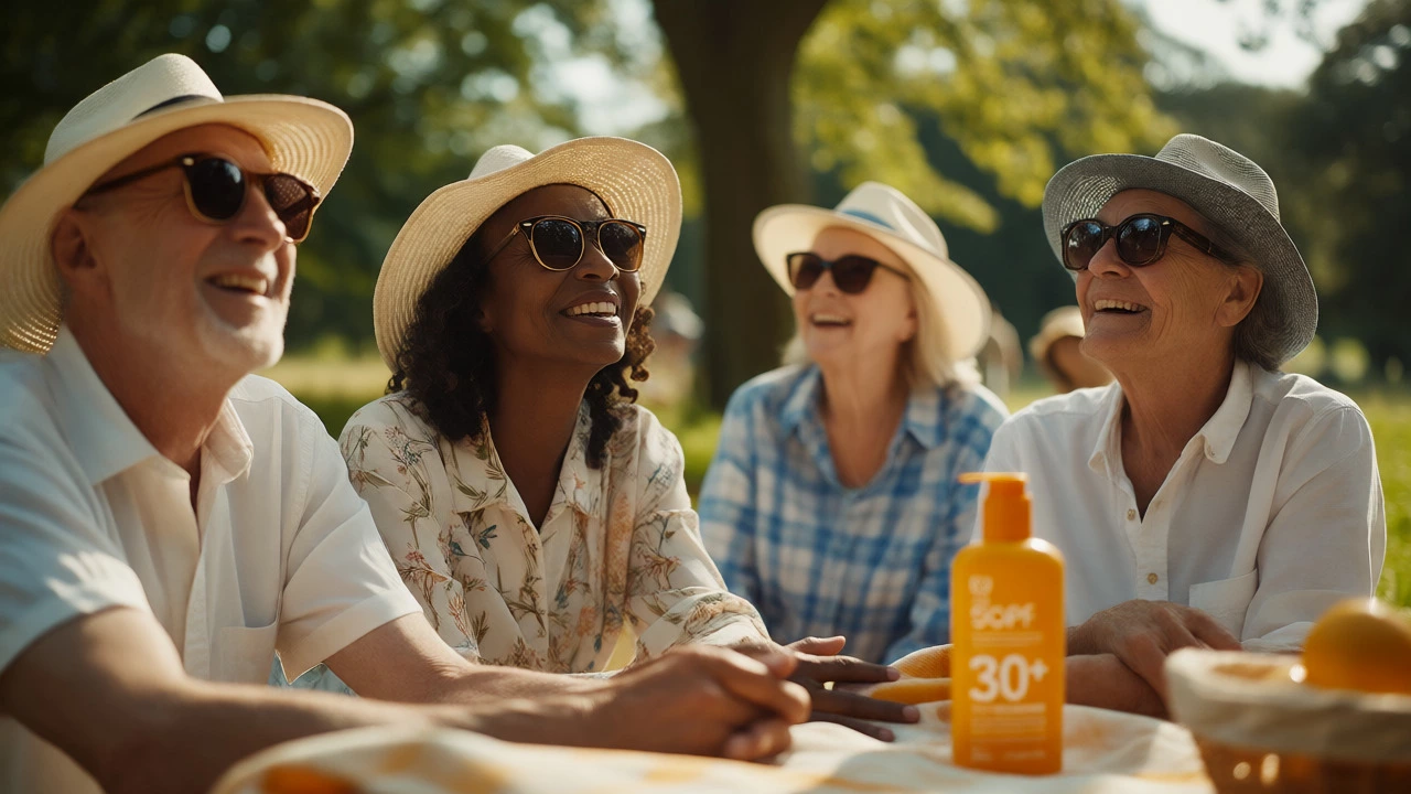People wearing hats and sunglasses outdoors with sunscreen bottle