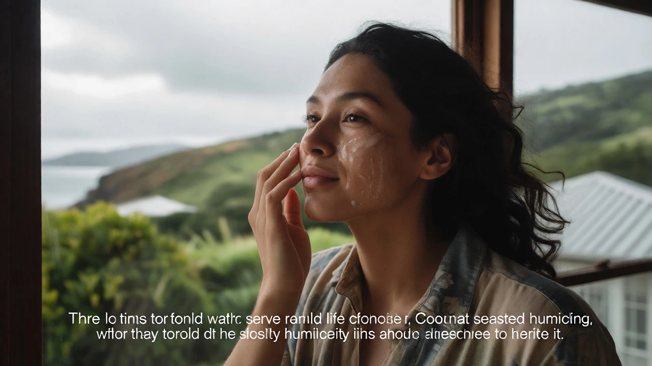 Person applying hydrating essence by a window with windy coastal scenery