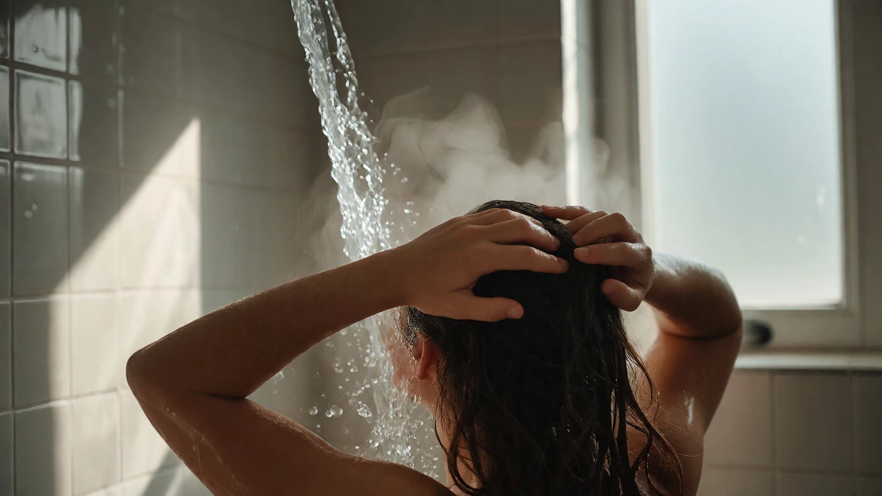 Person rinsing hair in shower with steam and natural lighting.