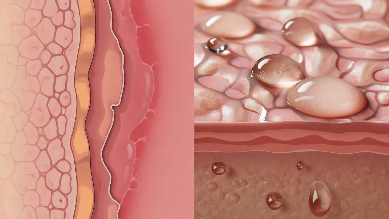 Split view comparing irritated skin barrier versus hydrated skin layers